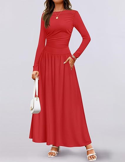 Womens Solid-Color Crew-Neck Pleated Long-Sleeve Dress