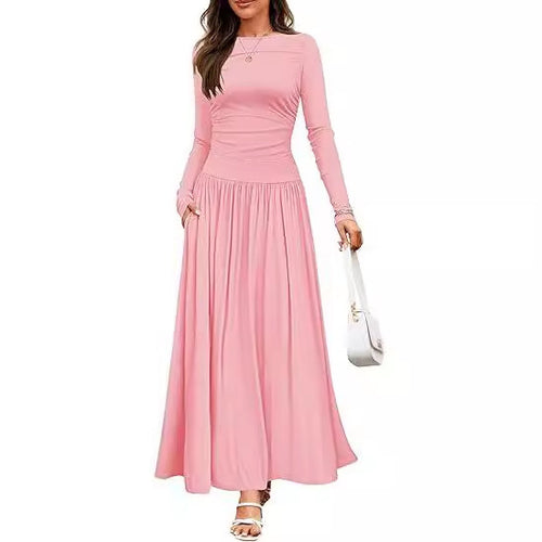 Womens Solid-Color Crew-Neck Pleated Long-Sleeve Dress