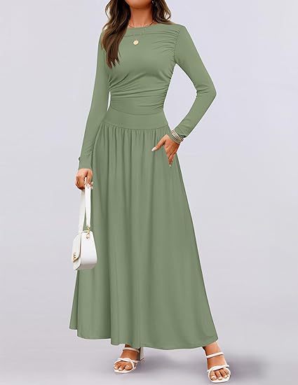 Womens Solid-Color Crew-Neck Pleated Long-Sleeve Dress