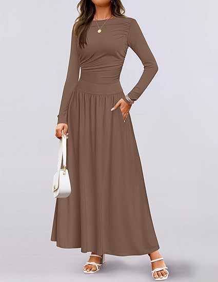 Womens Solid-Color Crew-Neck Pleated Long-Sleeve Dress