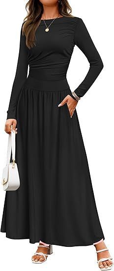Womens Solid-Color Crew-Neck Pleated Long-Sleeve Dress