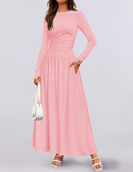 Womens Solid-Color Crew-Neck Pleated Long-Sleeve Dress