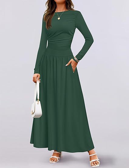 Womens Solid-Color Crew-Neck Pleated Long-Sleeve Dress
