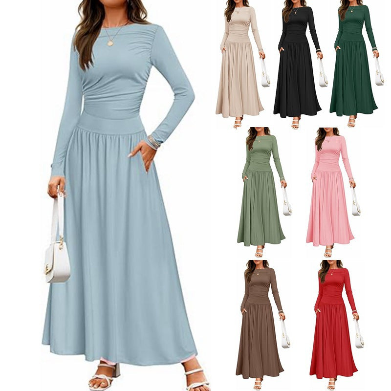 Womens Solid-Color Crew-Neck Pleated Long-Sleeve Dress