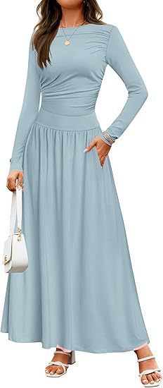 Womens Solid-Color Crew-Neck Pleated Long-Sleeve Dress