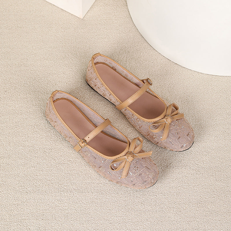 Womens Embroidered Mesh Mary Jane Flat Shoes - Stylish & Comfortable