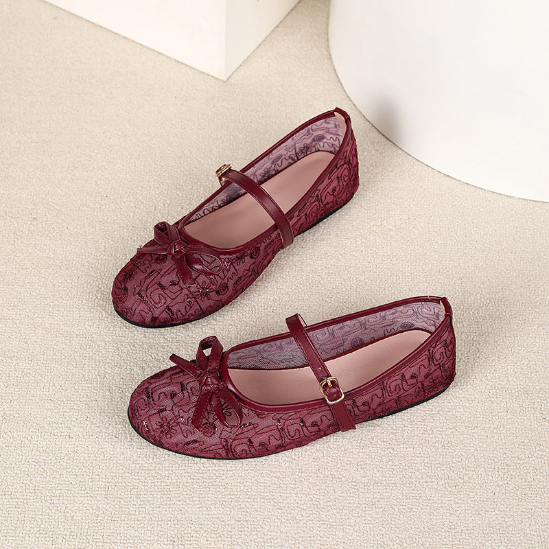 Womens Embroidered Mesh Mary Jane Flat Shoes - Stylish & Comfortable