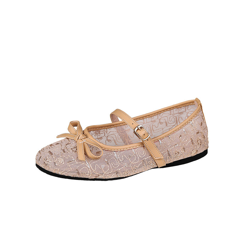 Womens Embroidered Mesh Mary Jane Flat Shoes - Stylish & Comfortable