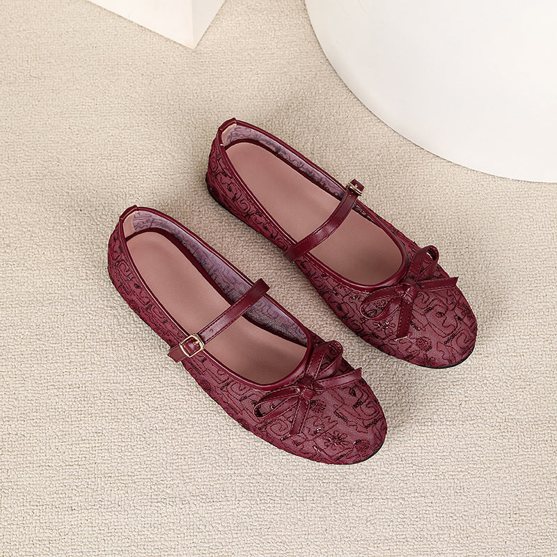 Womens Embroidered Mesh Mary Jane Flat Shoes - Stylish & Comfortable