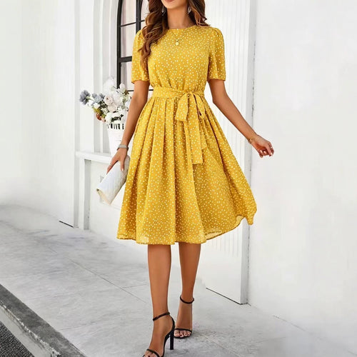 SpringSummer Elegant Casual Polka-Dot Lace-Up Dress