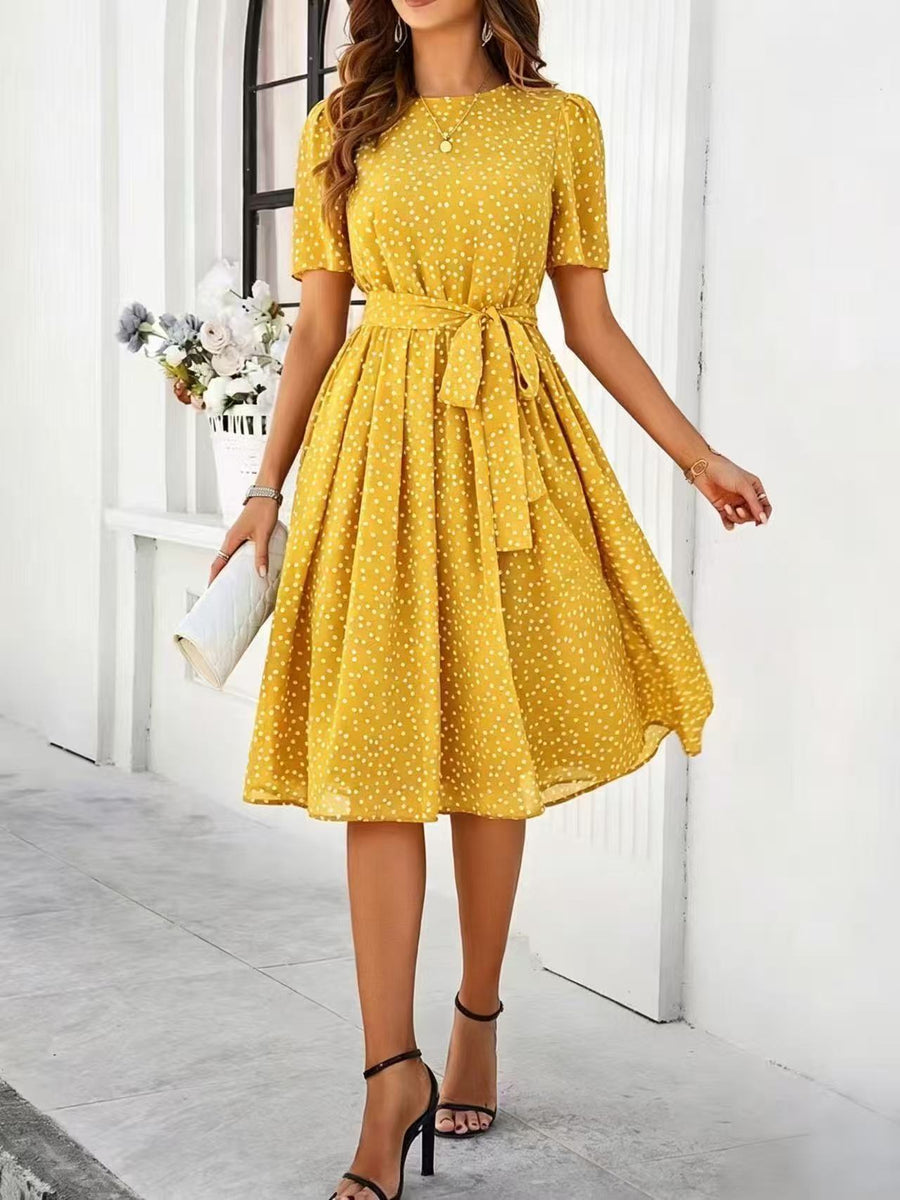 SpringSummer Elegant Casual Polka-Dot Lace-Up Dress