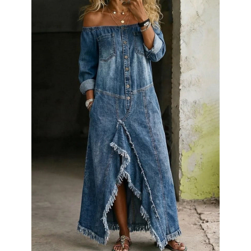 Distressed Long Multi Button Denim Dress - Trendy & Chic