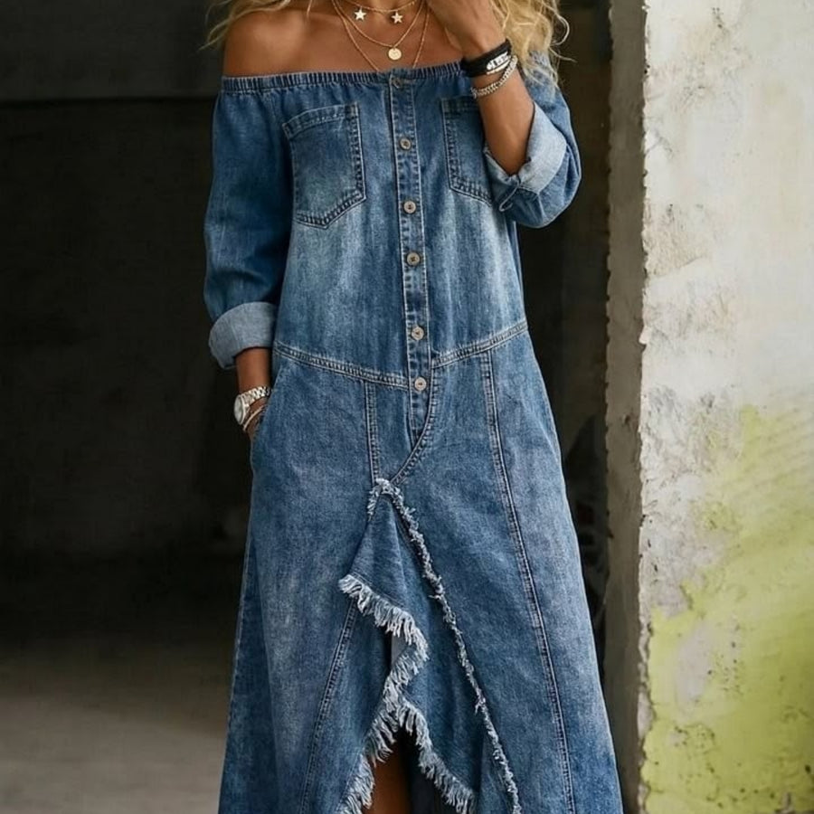 Distressed Long Multi Button Denim Dress - Trendy & Chic