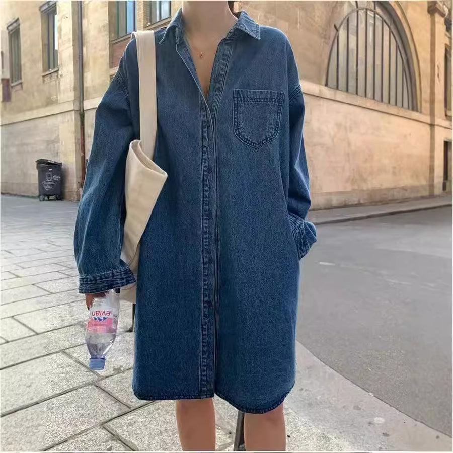 Womens Retro Casual Long-Sleeve Lapel Shirt Dress