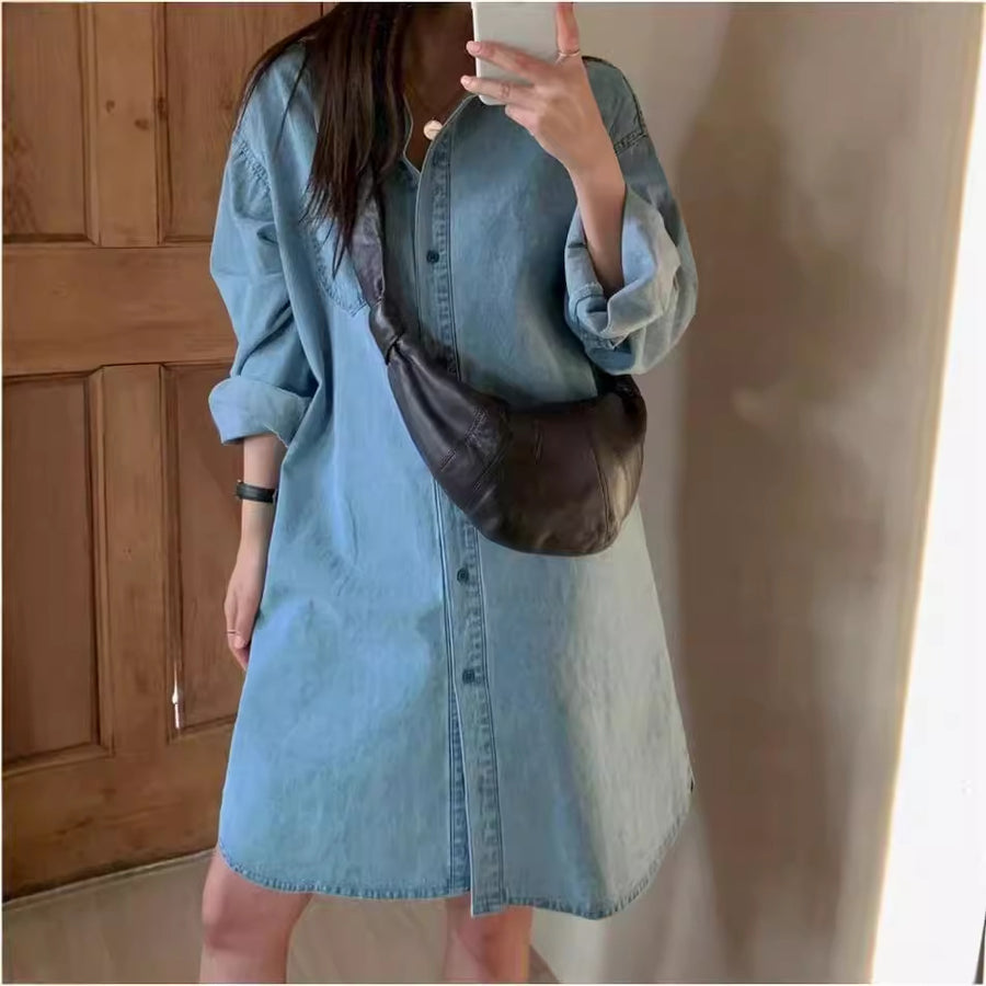 Womens Retro Casual Long-Sleeve Lapel Shirt Dress