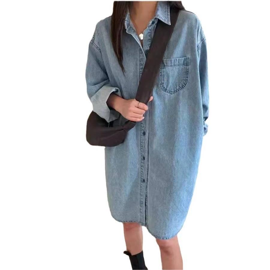 Womens Retro Casual Long-Sleeve Lapel Shirt Dress