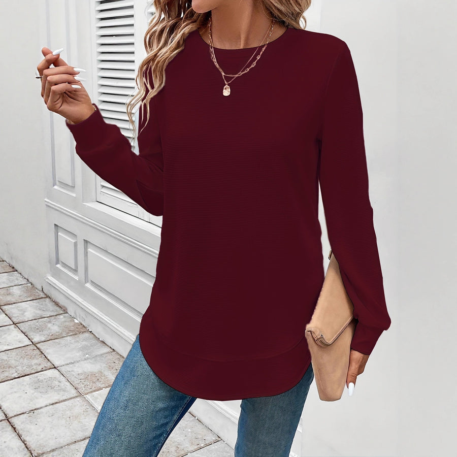 Womens Solid-color Casual Crew-neck Top for Everyday Style