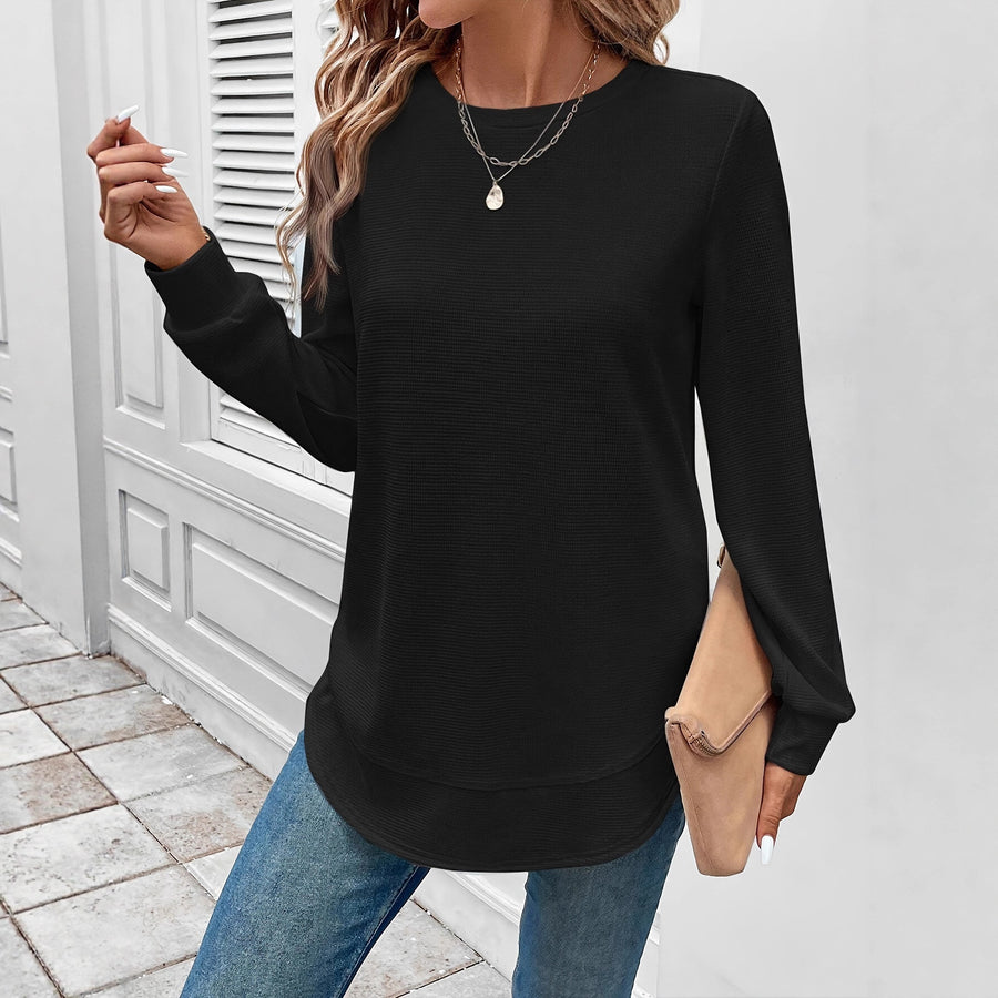 Womens Solid-color Casual Crew-neck Top for Everyday Style