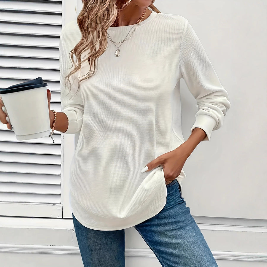 Womens Solid-color Casual Crew-neck Top for Everyday Style