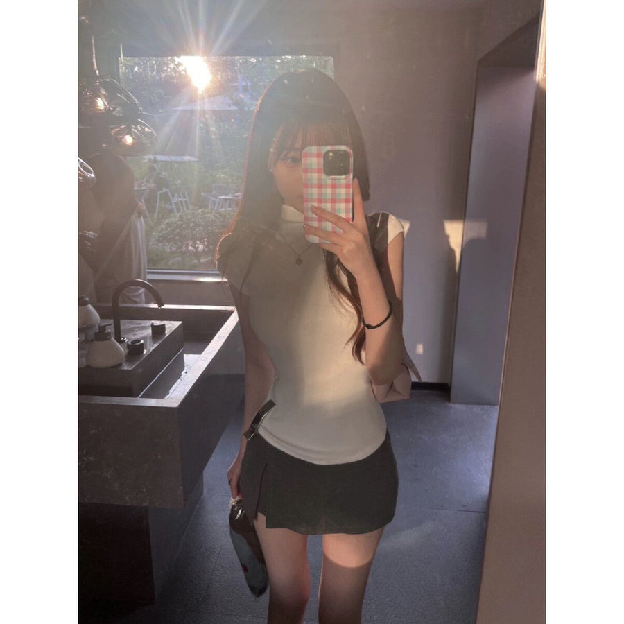 Summer Outfit Mock-neck Knit Top and Gray Slit Skirt Set
