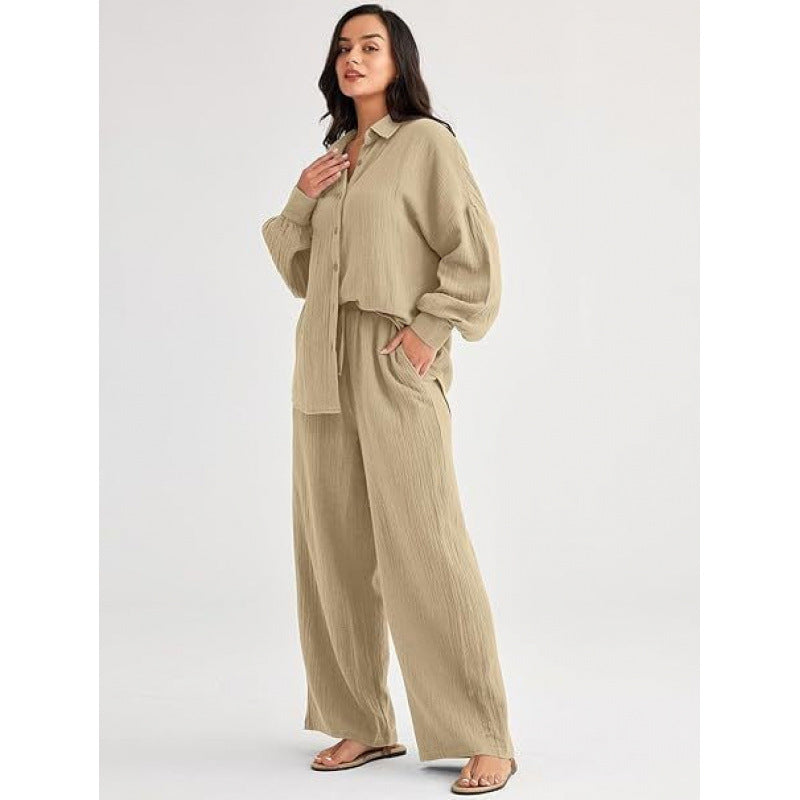 Womens Casual Top And Wide-leg Pants Two-piece Set