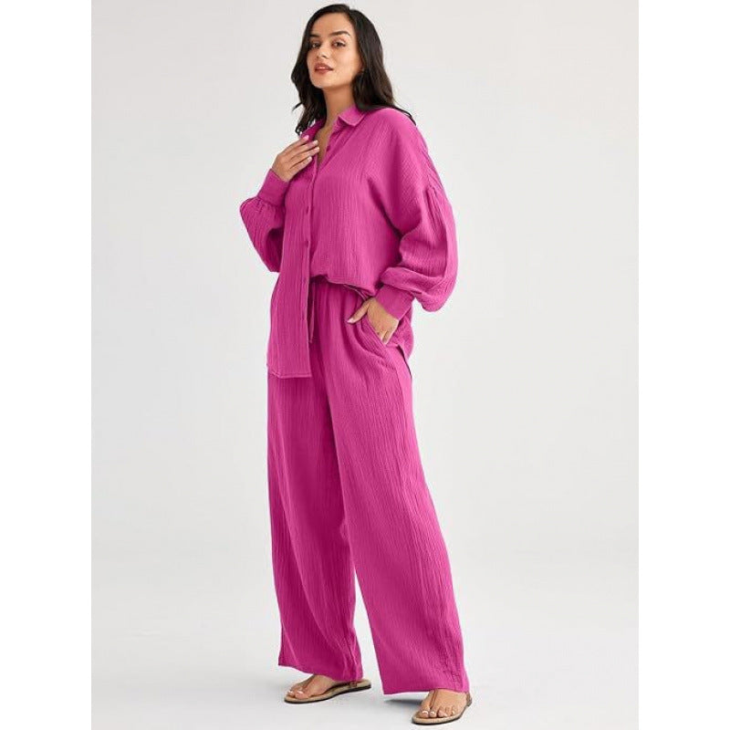 Womens Casual Top And Wide-leg Pants Two-piece Set