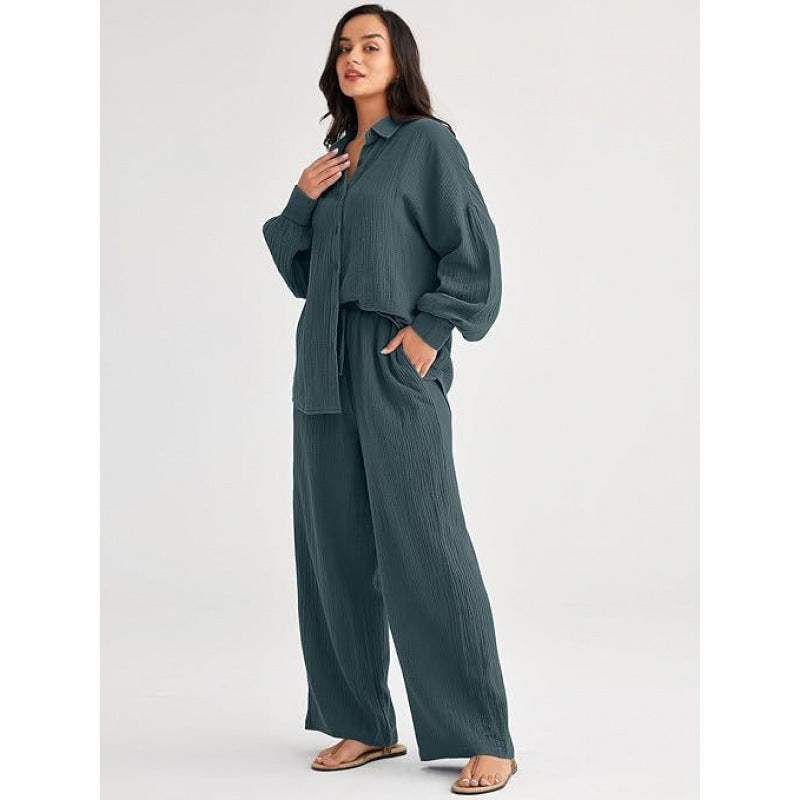 Womens Casual Top And Wide-leg Pants Two-piece Set