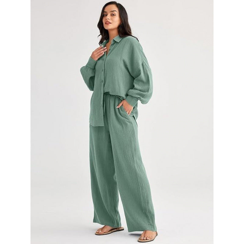 Womens Casual Top And Wide-leg Pants Two-piece Set