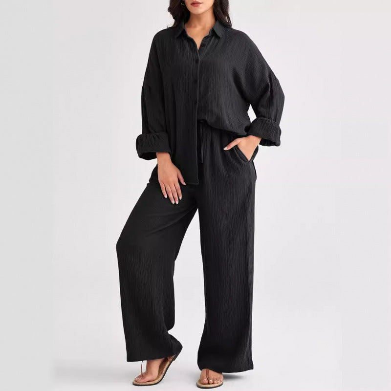 Womens Casual Top And Wide-leg Pants Two-piece Set