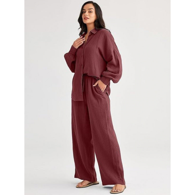 Womens Casual Top And Wide-leg Pants Two-piece Set