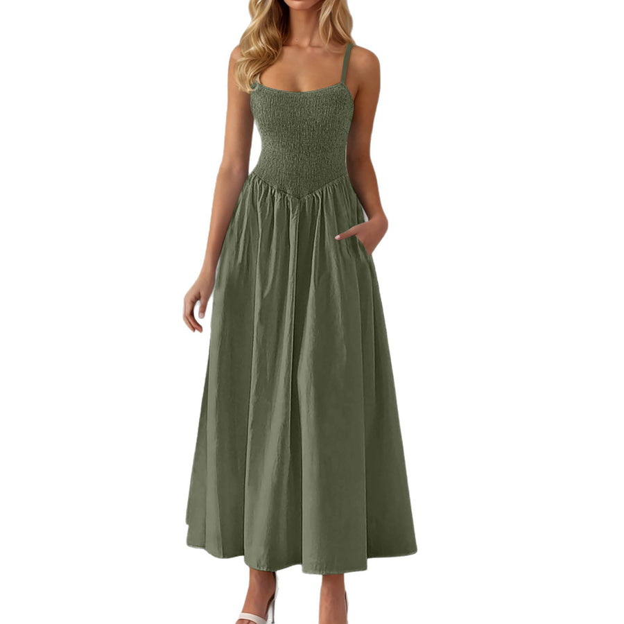 Adjustable-strap Ruffled-straps Pocket Dress for Ladies