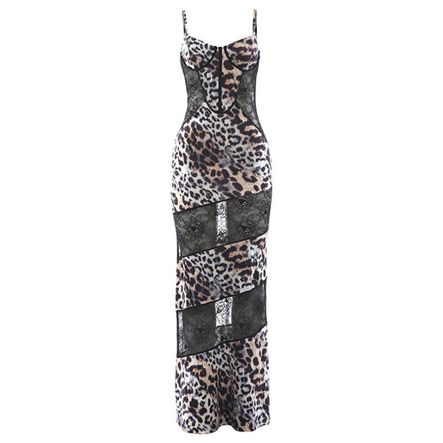 Womens Stylish Strap Dress with Leopard-print Lace Paneling