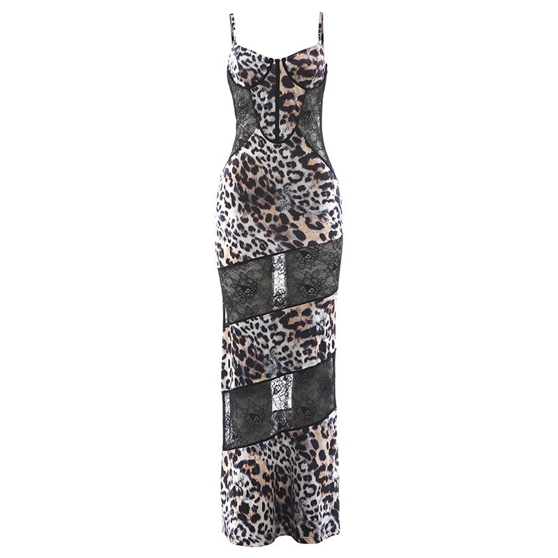 Womens Stylish Strap Dress with Leopard-print Lace Paneling