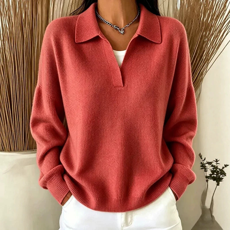 Turn-down Ribbed Knit Sweater - Casual V-neck Pullover