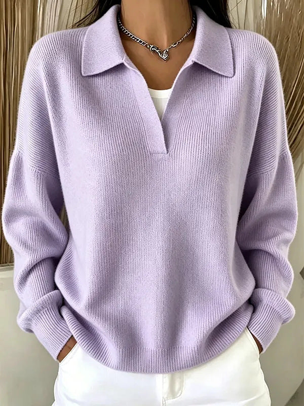 Turn-down Ribbed Knit Sweater - Casual V-neck Pullover
