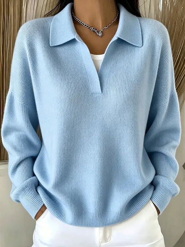 Turn-down Ribbed Knit Sweater - Casual V-neck Pullover