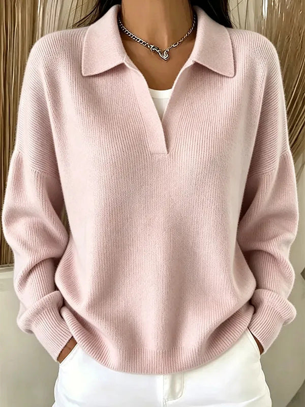 Turn-down Ribbed Knit Sweater - Casual V-neck Pullover