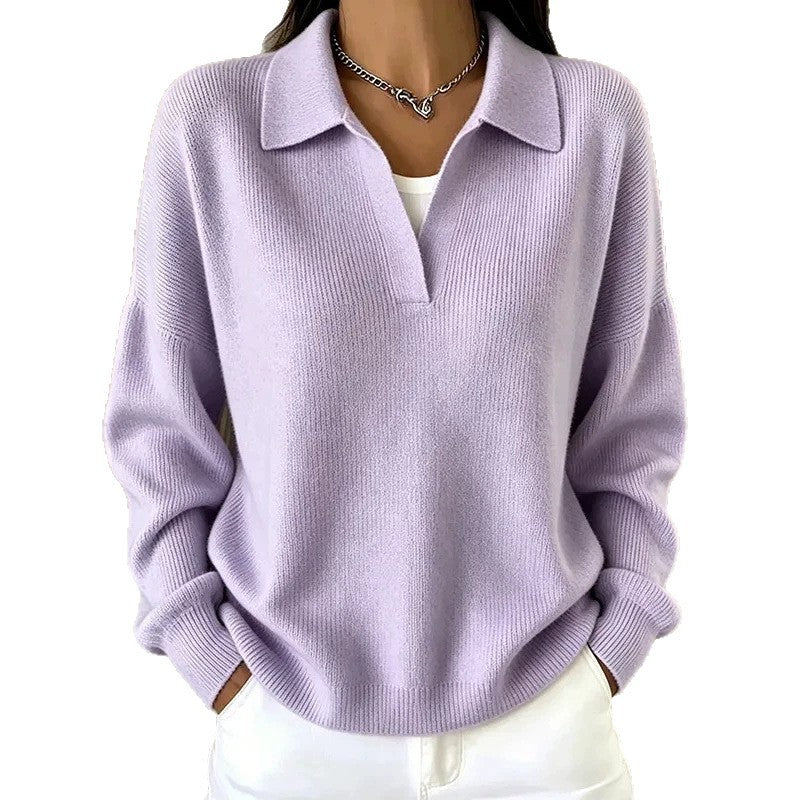 Turn-down Ribbed Knit Sweater - Casual V-neck Pullover