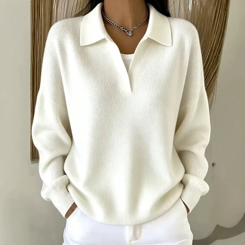 Turn-down Ribbed Knit Sweater - Casual V-neck Pullover