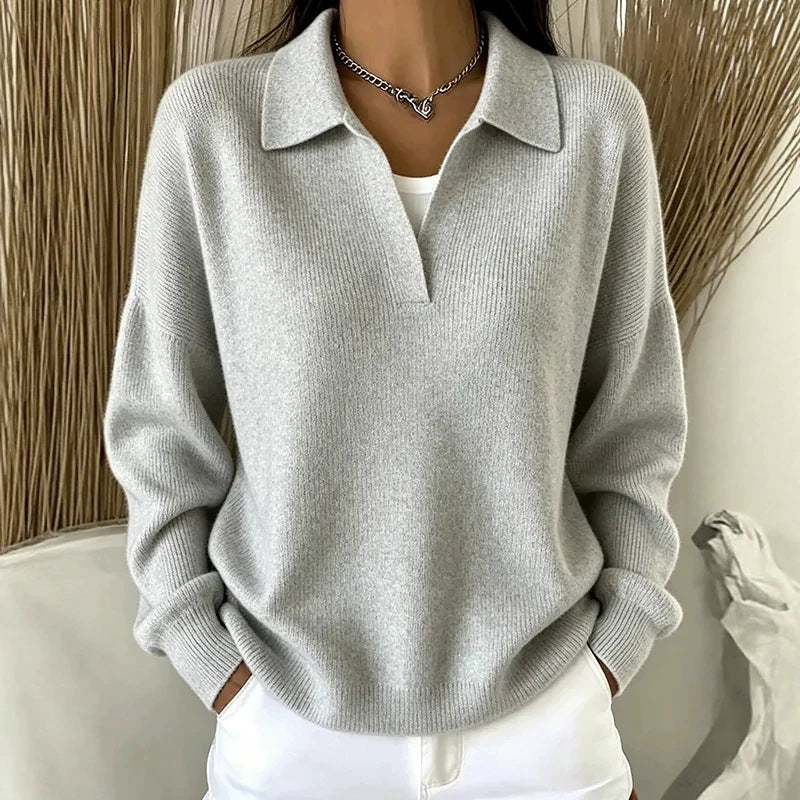 Turn-down Ribbed Knit Sweater - Casual V-neck Pullover
