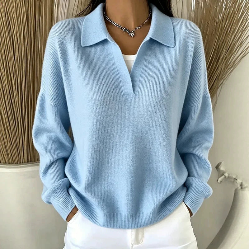 Turn-down Ribbed Knit Sweater - Casual V-neck Pullover