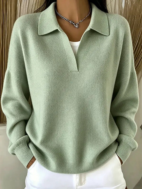 Turn-down Ribbed Knit Sweater - Casual V-neck Pullover