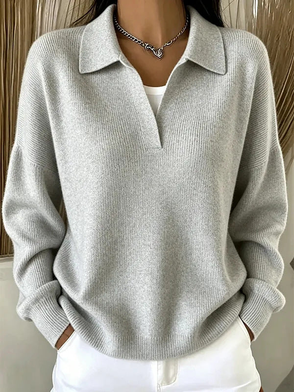 Turn-down Ribbed Knit Sweater - Casual V-neck Pullover
