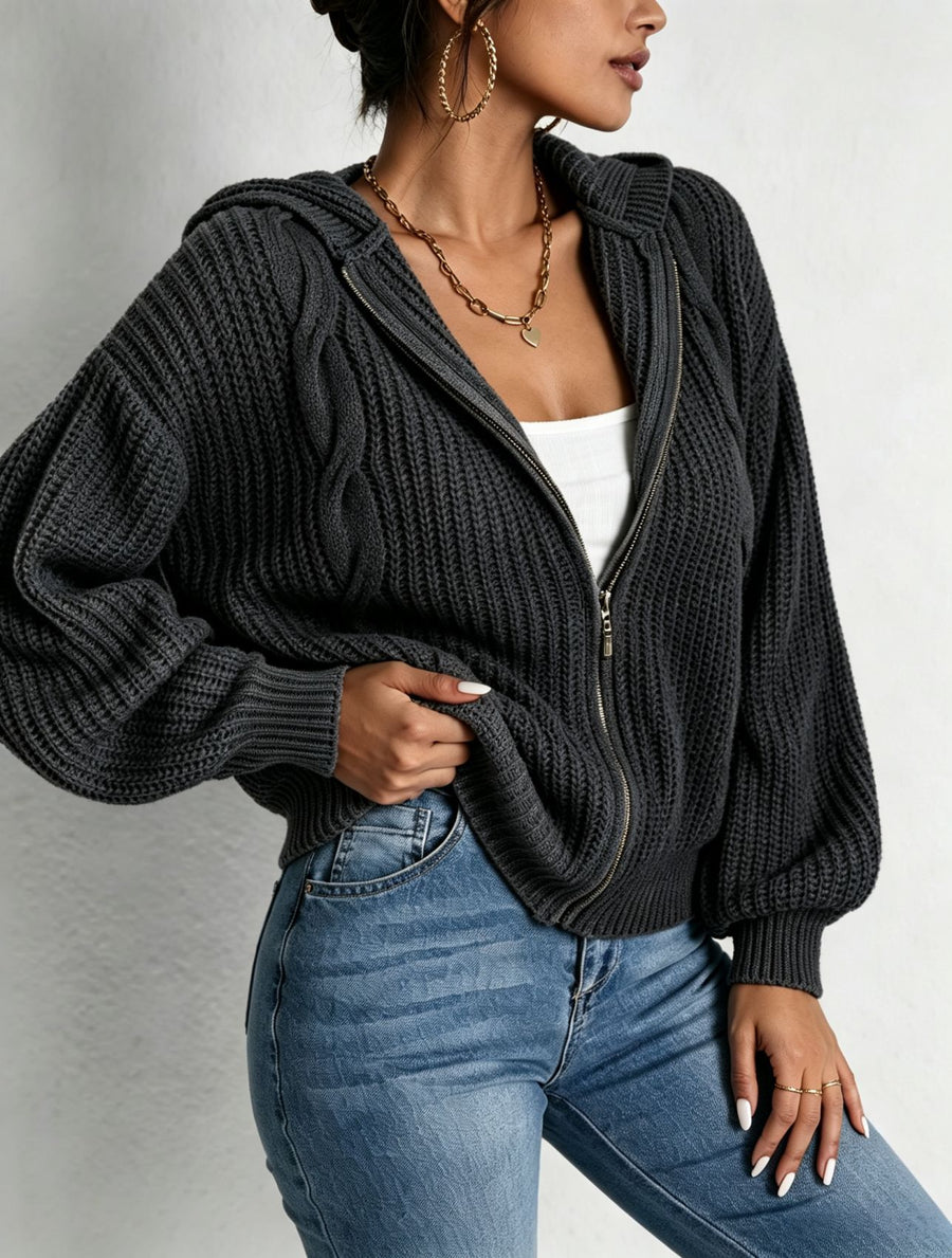 Autumn Women's Hooded Sweater Cardigan - Cozy Knitted Top