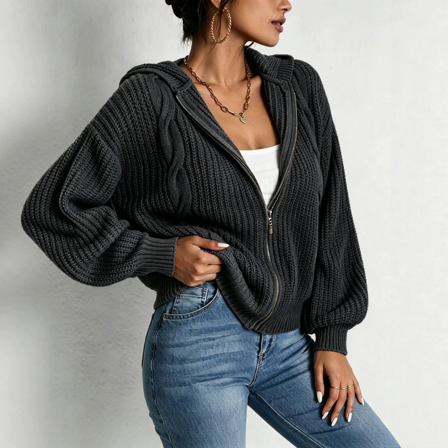 Autumn Women's Hooded Sweater Cardigan - Cozy Knitted Top