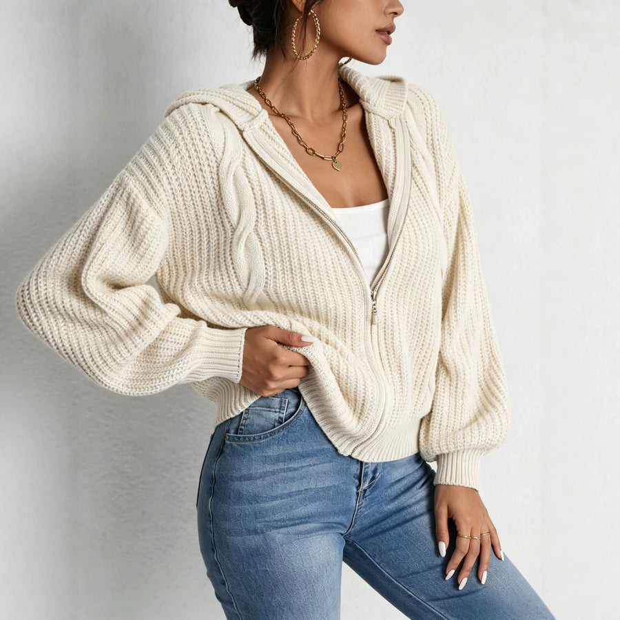 Autumn Women's Hooded Sweater Cardigan - Cozy Knitted Top