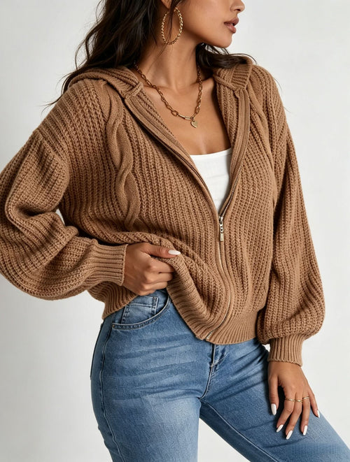 Autumn Women's Hooded Sweater Cardigan - Cozy Knitted Top