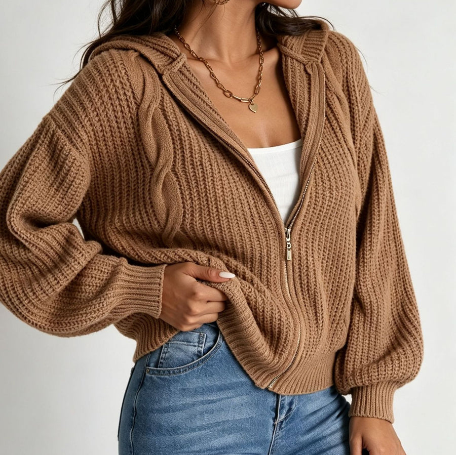 Autumn Women's Hooded Sweater Cardigan - Cozy Knitted Top