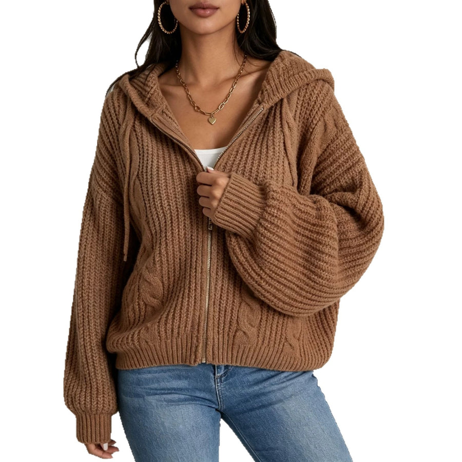 Autumn Women's Hooded Sweater Cardigan - Cozy Knitted Top