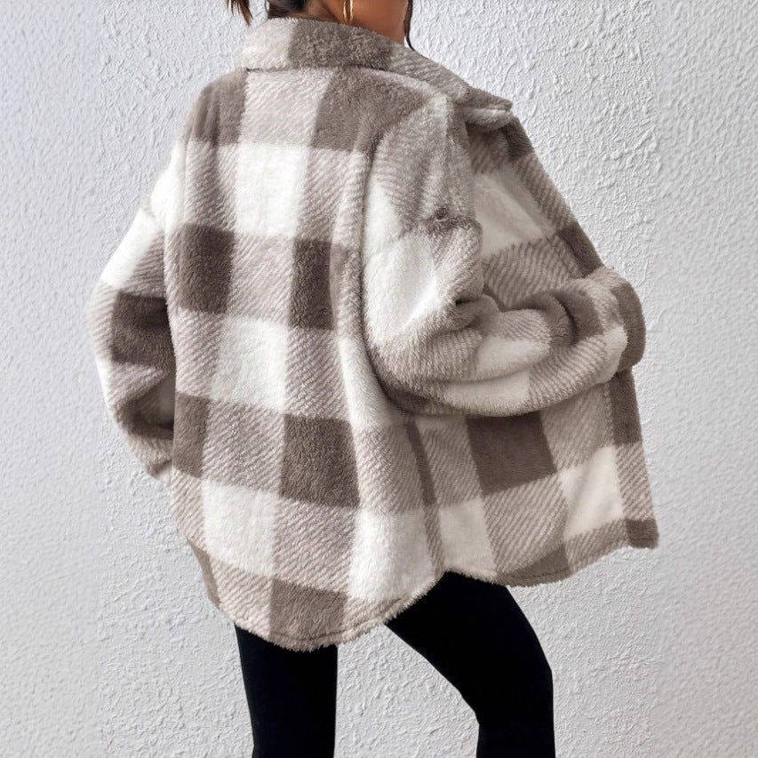 Womens Casual Plaid Plush Jacket with Buttoned Front